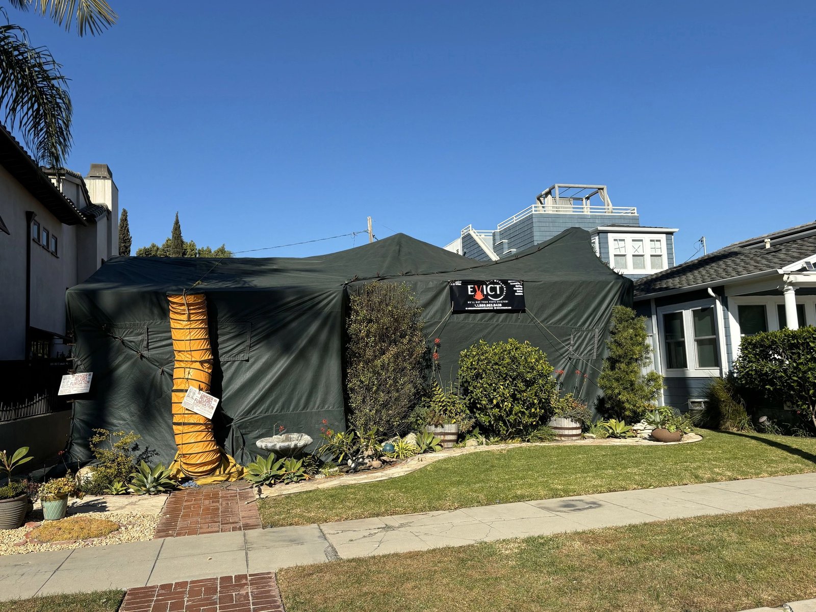 Tented home with an Evict Pest Management banner