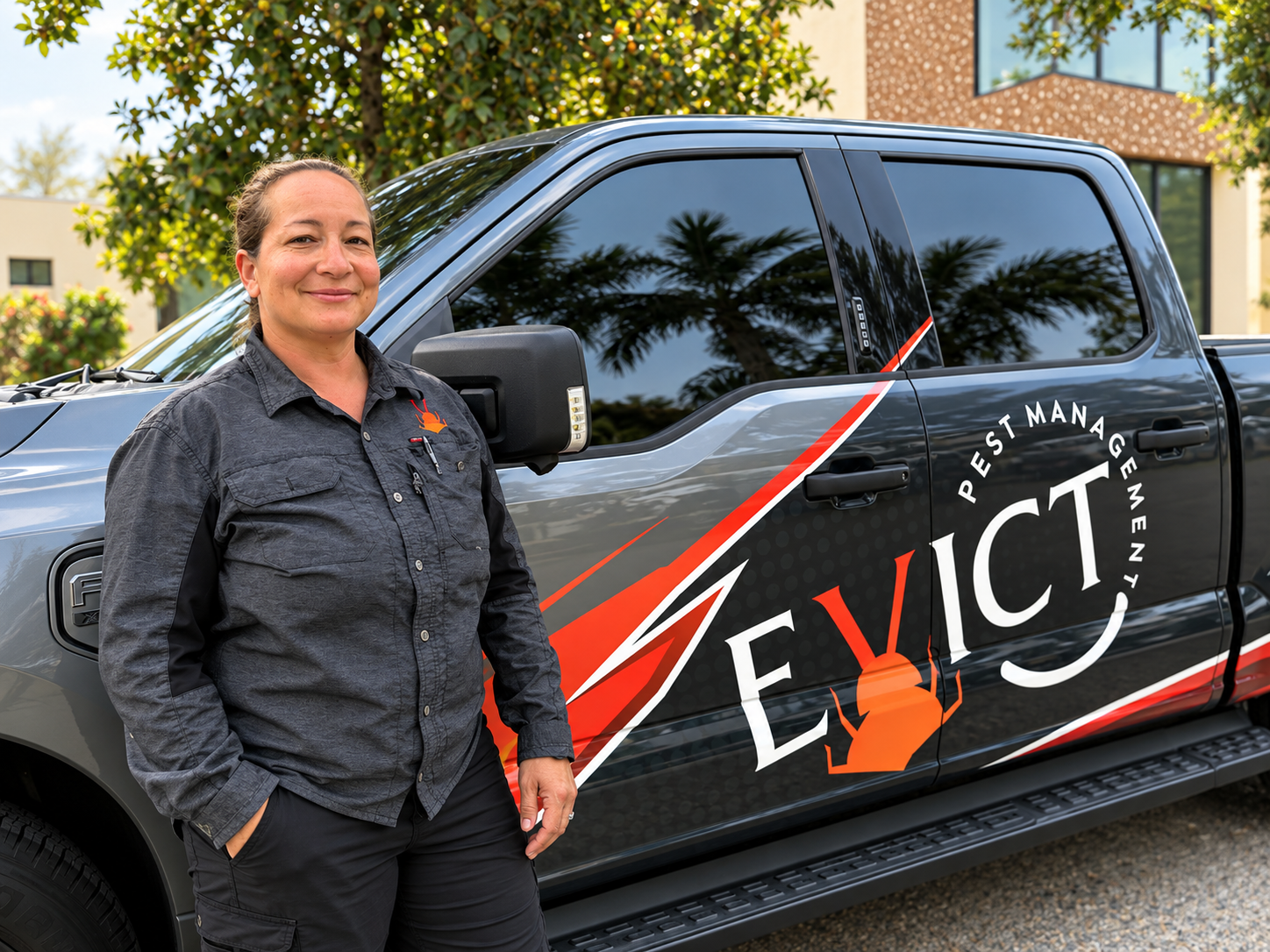Chris beside the Evict Pest Management truck, with the full door logo visible